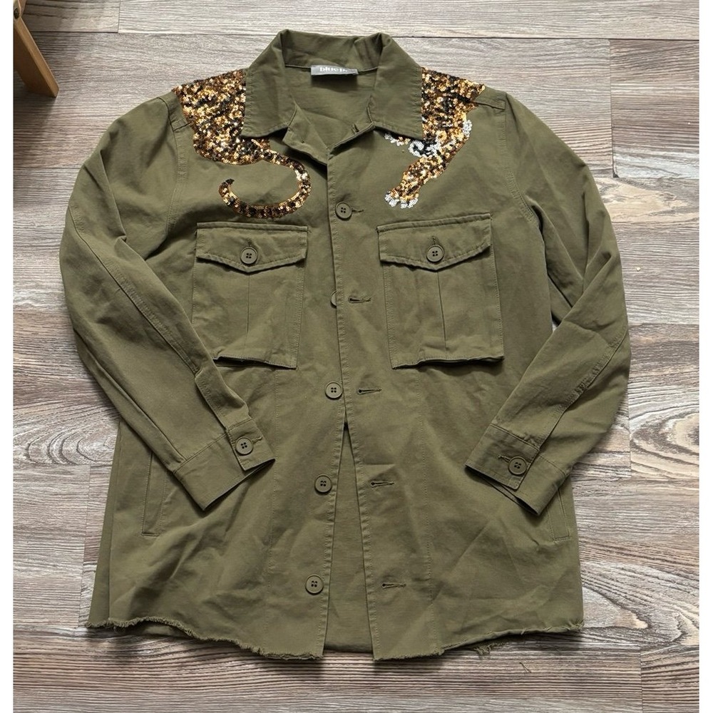 Blue B Women's Green Military Jacket with Sequin Tiger Detail size small